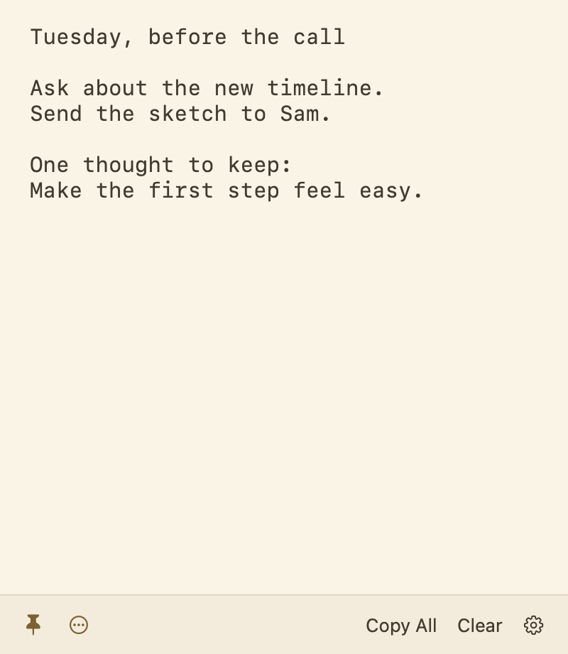 Scratchpad in the Paper colour theme, showing a short note and its menu bar controls